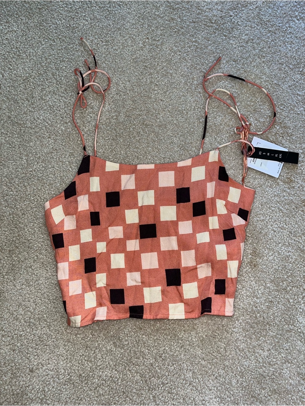 O’Neill Geometric Smocked Tie-Strap Crop Top | Peach Pink Printed Cami | XS NWT